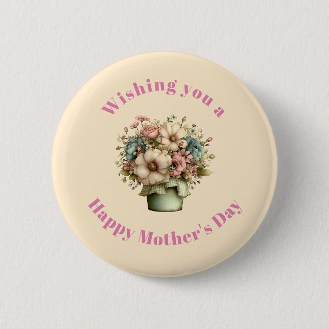 Whimsical Flowers in a Planter Pot Mother's Day Button (Front)