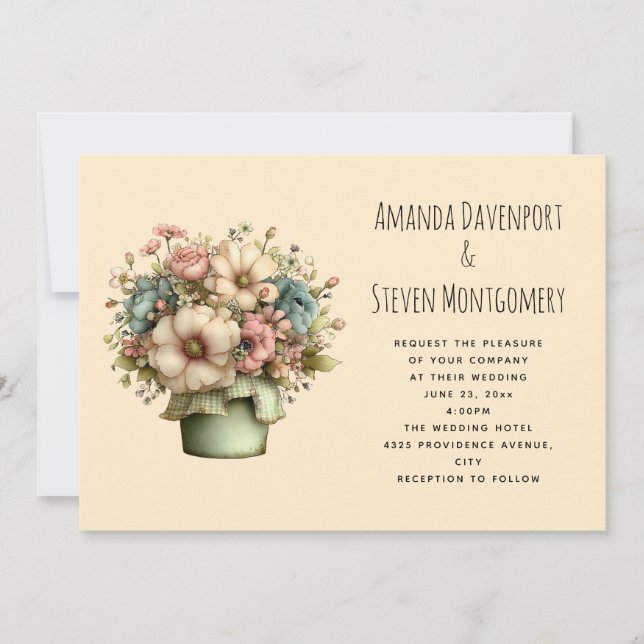 Whimsical Flowers in a Planter Pot Wedding Invitation (Front)
