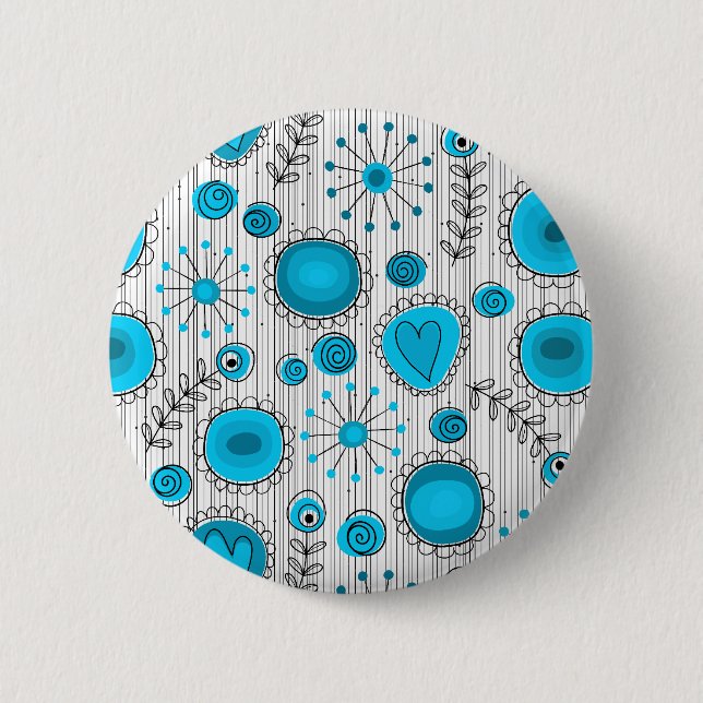 Whimsical flowers in blue and white button (Front)