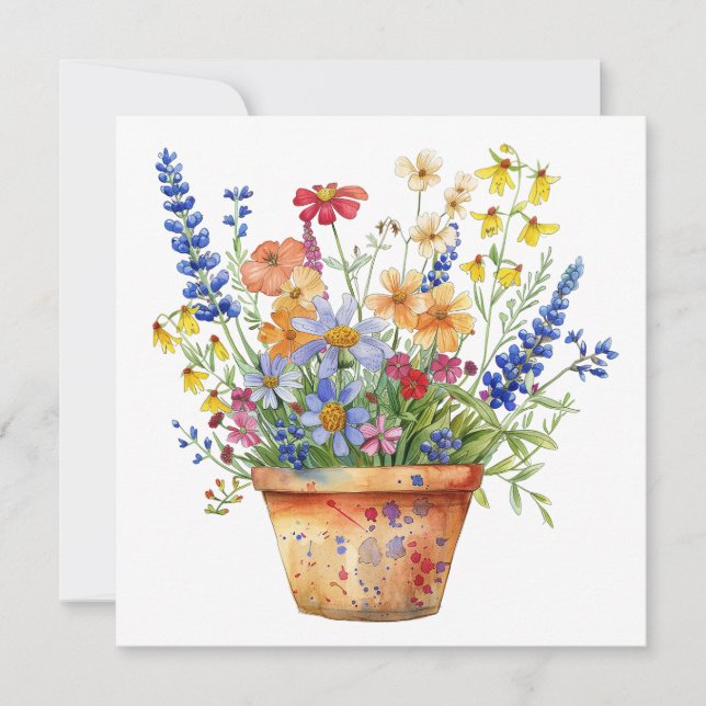 Whimsical Flowers in Pot Floral Illustration Card (Front)