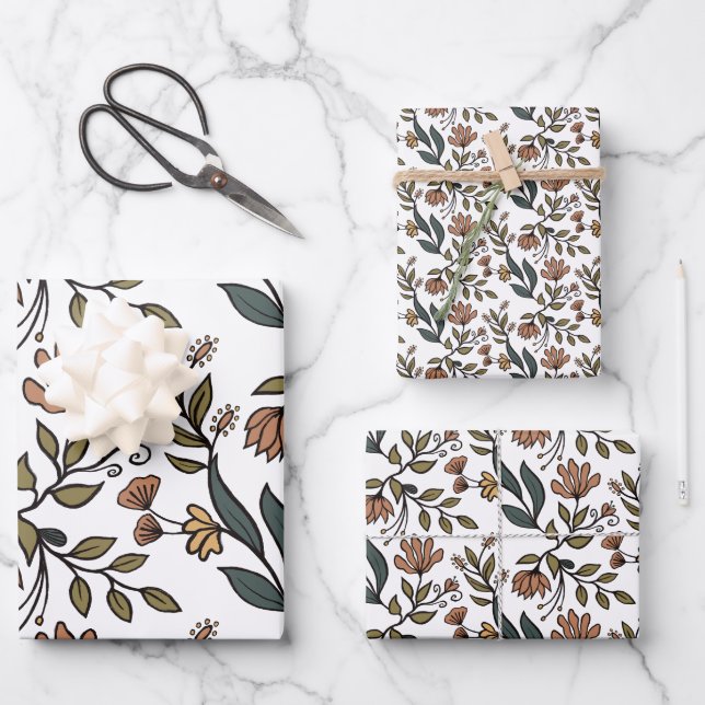 Whimsical Flowers & Leaves Bouquet Wrapping Paper Sheets (Front)