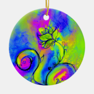 WHIMSICAL FLOWERS MONOGRAM pink yellow purple blue Ceramic Ornament