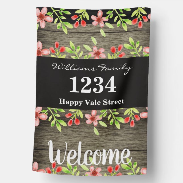 Whimsical Flowers on Wood Monogram and Address House Flag (Front)
