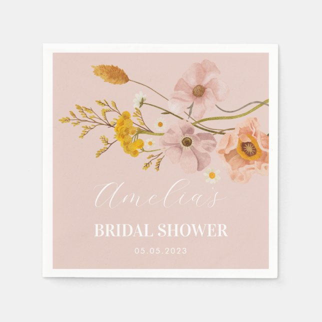Whimsical Flowers, Pink Bohemian Flowers Napkins (Front)