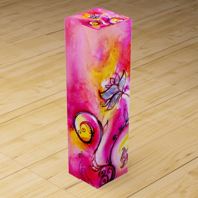 WHIMSICAL FLOWERS Pink Fuchsia Yellow Sparkles Wine Gift Box (Front)