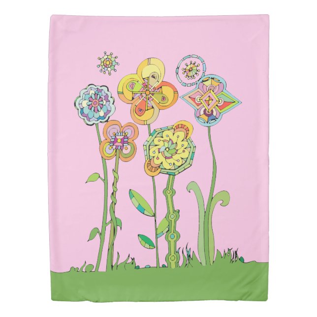 Whimsical Flowers Pink (& Purple on back) Duvet Cover (Front)
