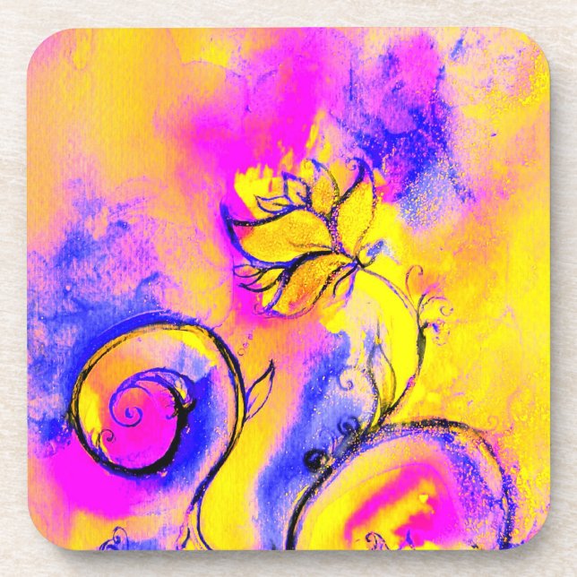 WHIMSICAL FLOWERS pink yellow blue Beverage Coaster (Front)