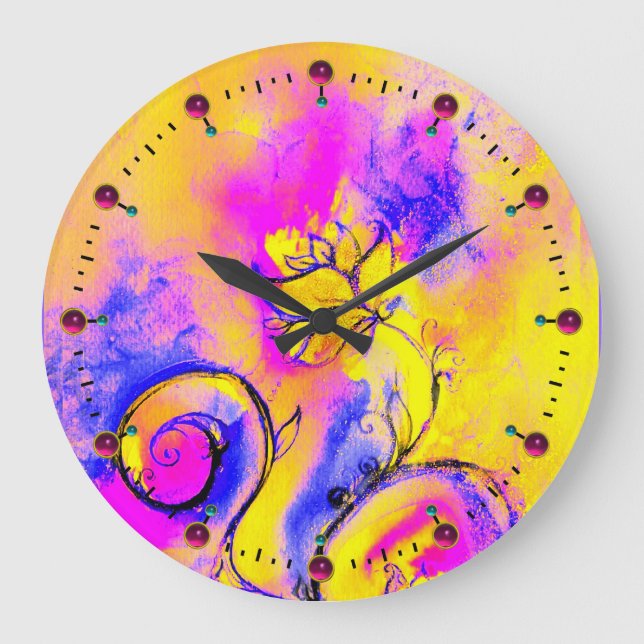 WHIMSICAL FLOWERS  pink yellow  blue Large Clock (Front)