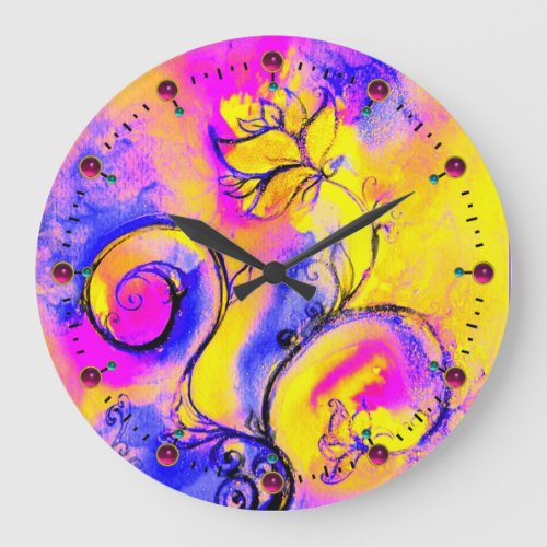 WHIMSICAL FLOWERS  pink yellow  blue Large Clock