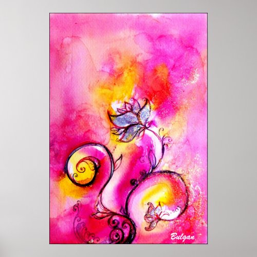 WHIMSICAL FLOWERS  pink yellow blue Poster