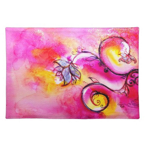 WHIMSICAL FLOWERS  pink yellow fuchsia Cloth Placemat