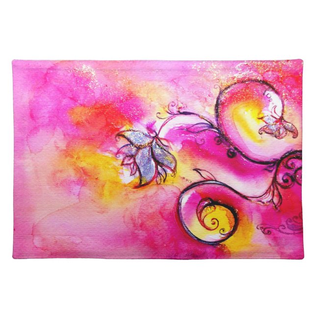WHIMSICAL FLOWERS  pink yellow fuchsia Cloth Placemat (Front)