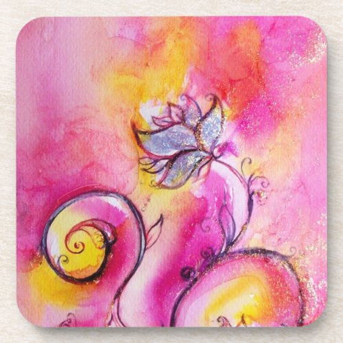 WHIMSICAL FLOWERS  pink yellow fuchsia Coaster