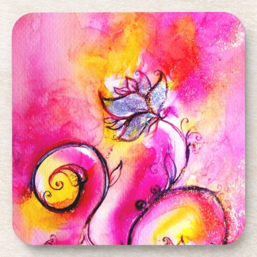 WHIMSICAL FLOWERS  pink yellow fuchsia Drink Coaster