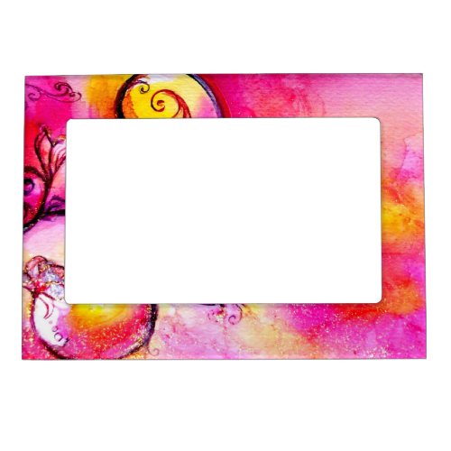 WHIMSICAL FLOWERS   pink yellow fuchsia Magnetic Picture Frame