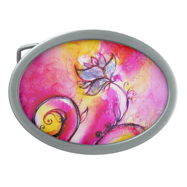 WHIMSICAL FLOWERS  pink yellow fuchsia Oval Belt Buckle (Front)