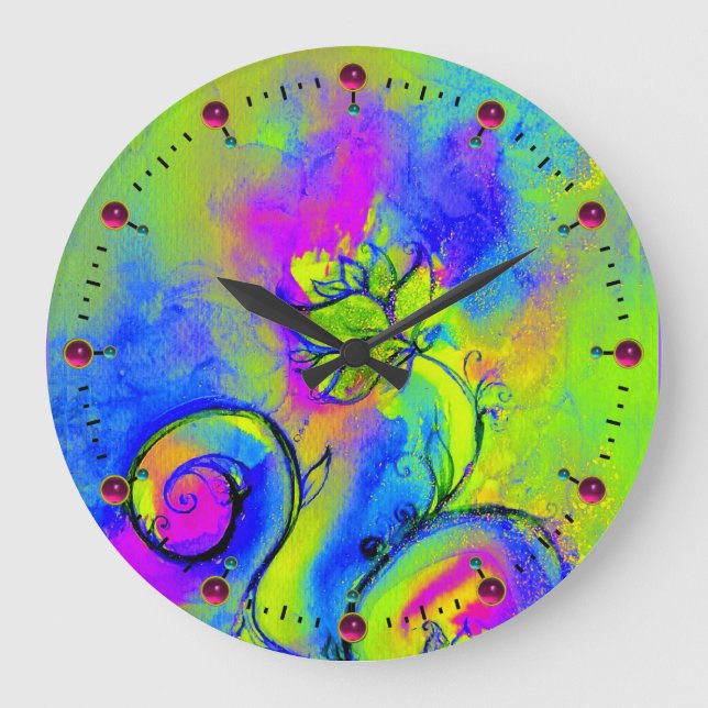 WHIMSICAL FLOWERS  pink yellow green blue Large Clock (Front)