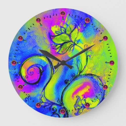 WHIMSICAL FLOWERS  pink yellow green blue Large Clock