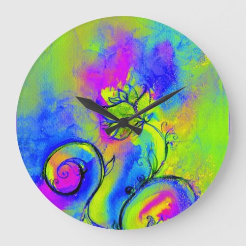 WHIMSICAL FLOWERS  pink yellow green blue Large Clock