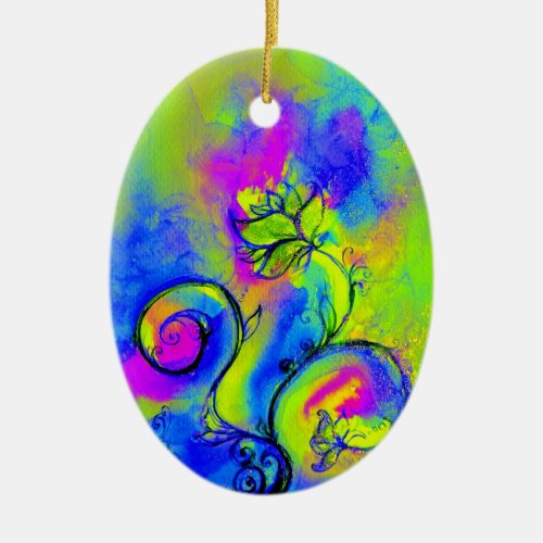 WHIMSICAL FLOWERS pink yellow purple blue Ceramic Ornament