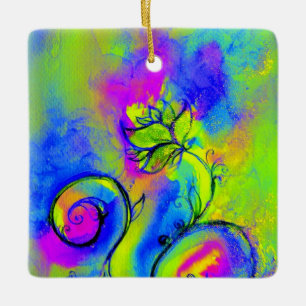 WHIMSICAL FLOWERS pink yellow purple,blue Ceramic Ornament