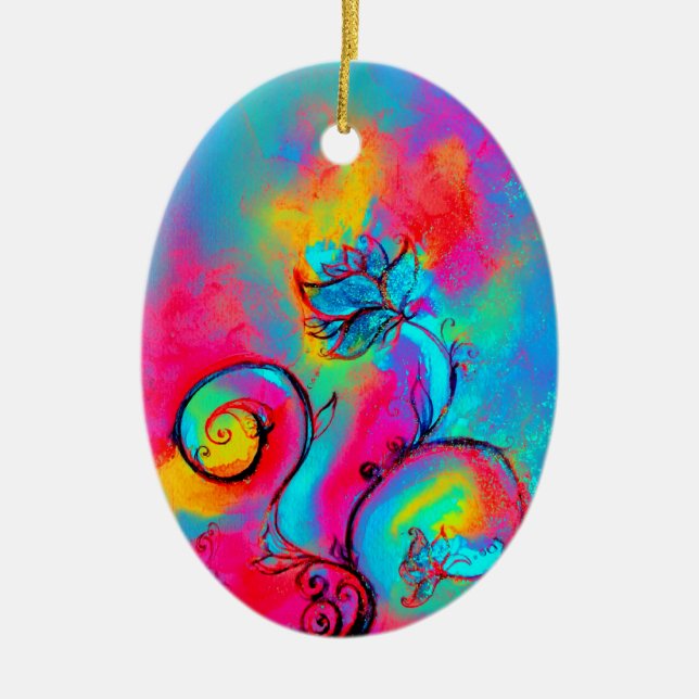 WHIMSICAL FLOWERS pink yellow purple, teal blue Ceramic Ornament (Front)