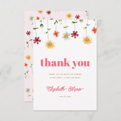 Whimsical Flowers Pink Yellow Red Girl Birthday Thank You Card