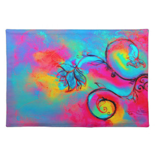 WHIMSICAL FLOWERS  pink yellow teal blue Cloth Placemat