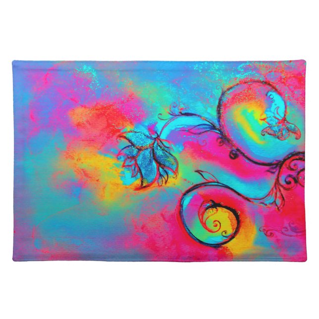 WHIMSICAL FLOWERS  pink yellow teal blue Cloth Placemat (Front)
