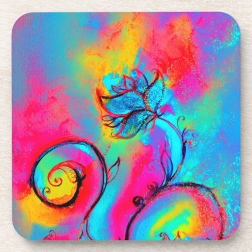 WHIMSICAL FLOWERS  pink yellow teal blue Drink Coaster