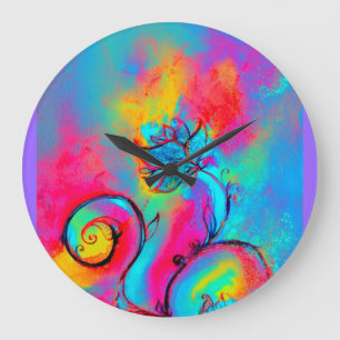 WHIMSICAL FLOWERS  pink yellow teal blue Large Clock