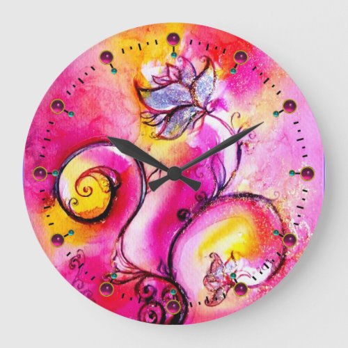 WHIMSICAL FLOWERS  pink yellow teal blue Large Clock
