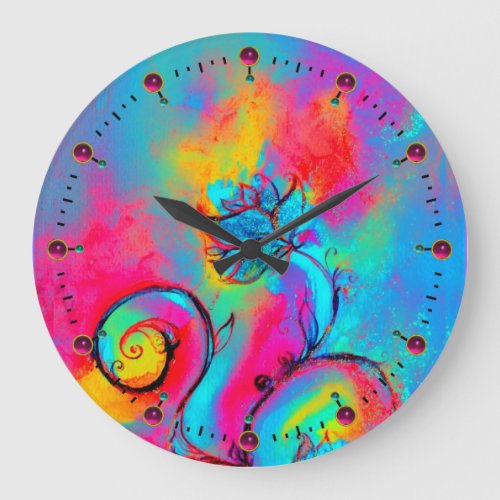 WHIMSICAL FLOWERS  pink yellow teal blue Large Clock