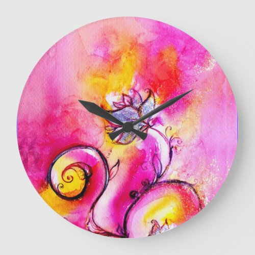 WHIMSICAL FLOWERS  pink yellow teal blue Large Clock