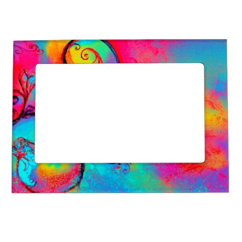 WHIMSICAL FLOWERS  pink yellow teal blue Magnetic Frame