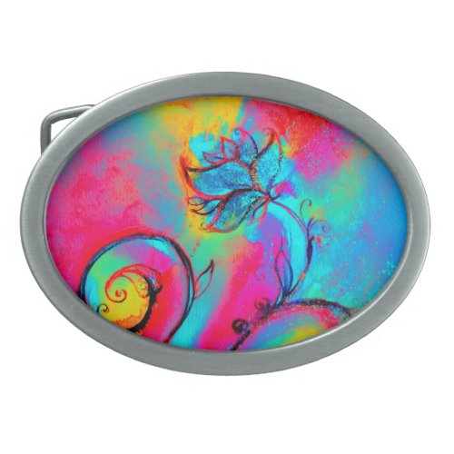 WHIMSICAL FLOWERS  pink yellow teal blue Oval Belt Buckle