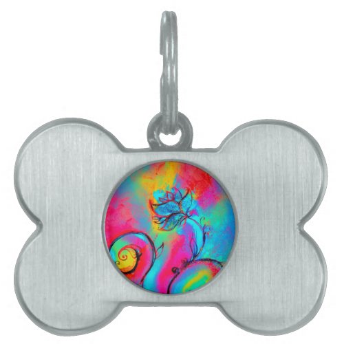 WHIMSICAL FLOWERS  pink yellow teal blue Pet ID Tag