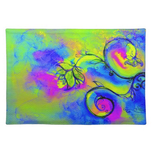 WHIMSICAL FLOWERS  pink yellow violet blue Cloth Placemat