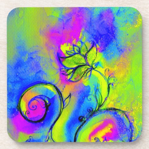 WHIMSICAL FLOWERS pink yellow violet blue Coaster