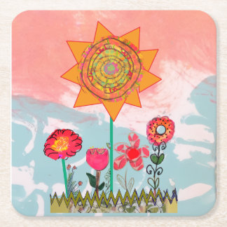 Whimsical Flowers Square Paper Coaster