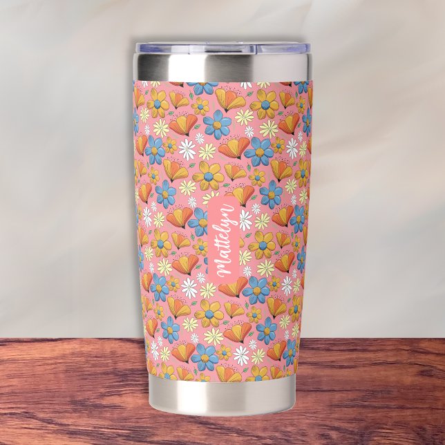 Whimsical Flowers Stainless Steel Thermal Tumbler  (Pretty whimsical floral pattern stainless steel thermal tumbler with name .)
