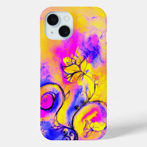 WHIMSICAL FLOWERS SWIRLS IN YELLOW PINK PURPLE iPhone 15 CASE