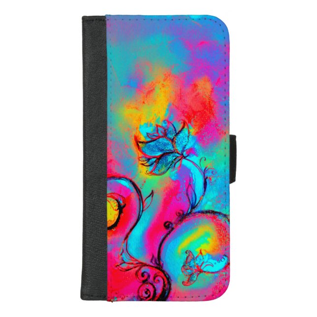 WHIMSICAL FLOWERS,SWIRLS Teal Blue Pink Yellow iPhone Wallet Case (Front)