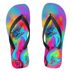 WHIMSICAL FLOWERS teal blue pink yellow Flip Flops