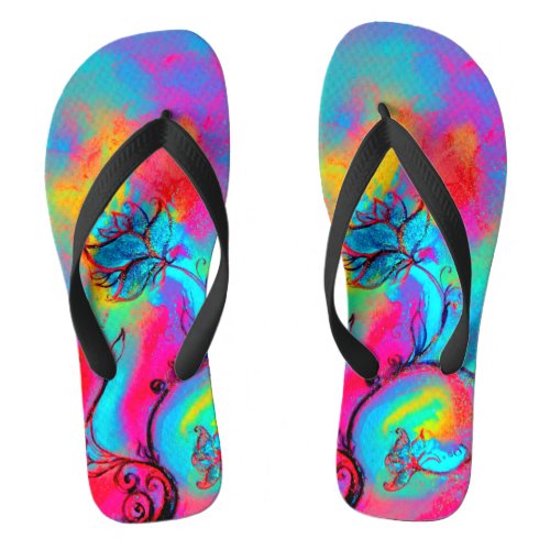 WHIMSICAL FLOWERS  teal blue pink yellow Flip Flops