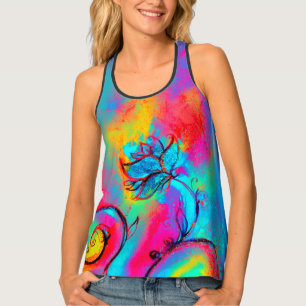 WHIMSICAL FLOWERS Teal Blue Pink Yellow Floral Tank Top