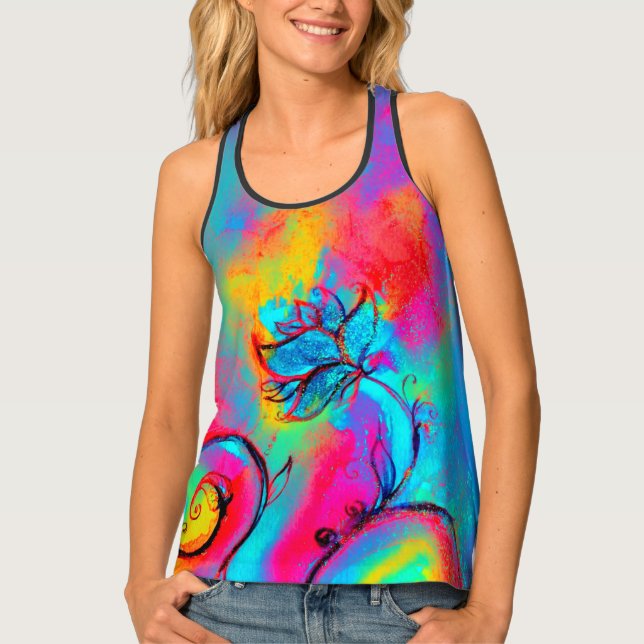 WHIMSICAL FLOWERS Teal Blue Pink Yellow Floral Tank Top (Front)