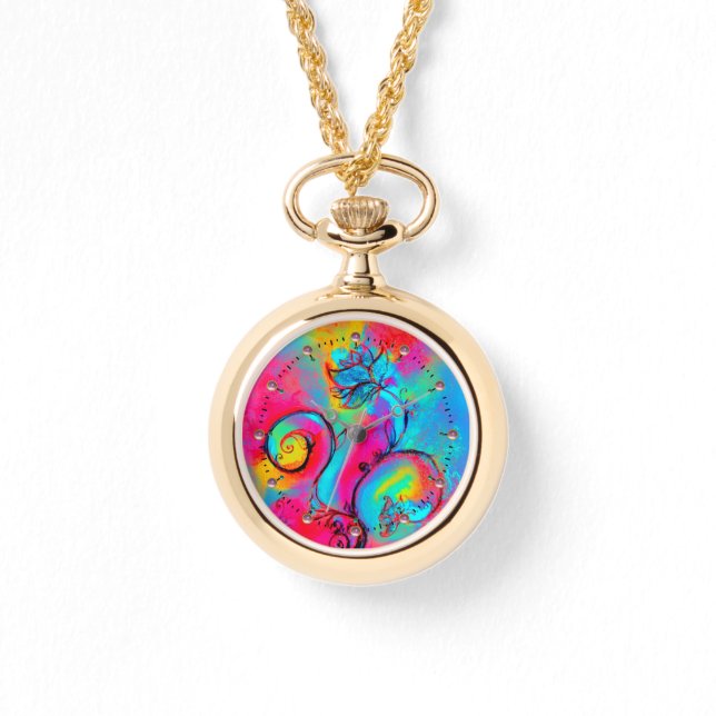 WHIMSICAL FLOWERS  teal blue pink yellow Watch (Front)