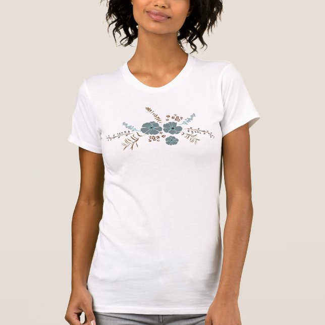Whimsical Flowers Teal Pink Gray Flowing Motif T-Shirt (Front)