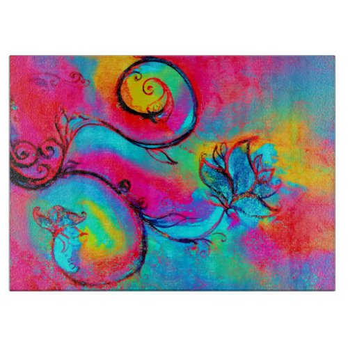 WHIMSICAL FLOWERS  Turquoise Blue Pink Orange Cutting Board